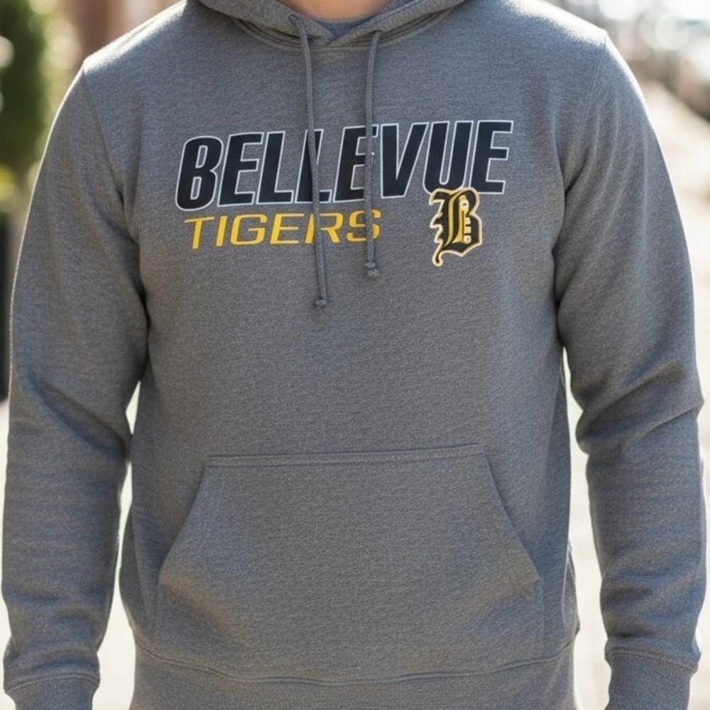 Bellevue Tigers Hoodie Gray Athletic Pullover Sweatshirt‎ Mens M